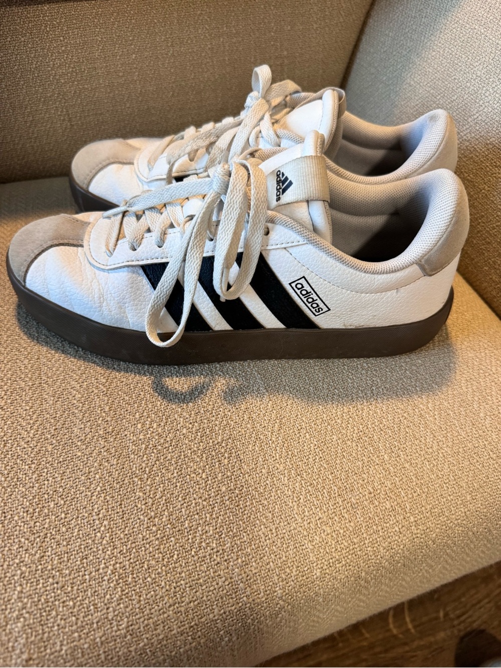 adidas Women’s  White Sneakers with Black Stripes and Brown Sole